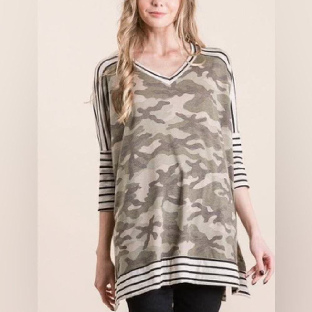 JADE BY JANE Oversized Camo Striped Long Dolman Sleeve Knit Flowy Tunic Top Tee